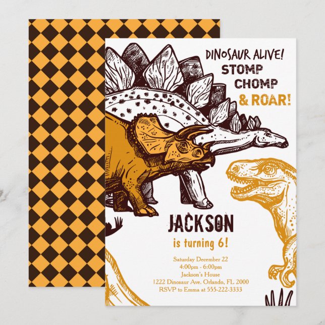 Stomp, Chomp and Roar! Dinosaur Birthday Invite (Front/Back)