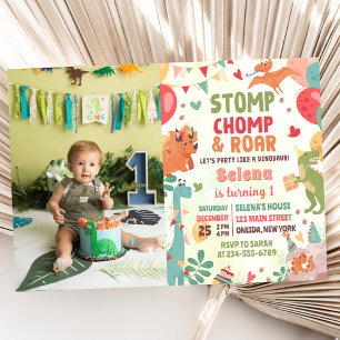 Stomp Chomp And Roar Dinosaur Birthday Photo Invitation