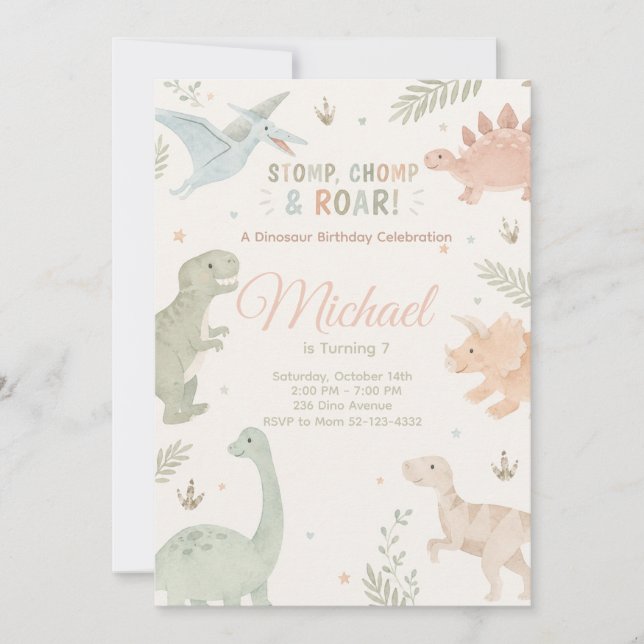 Stomp Chomp And Roar Dinosaur Invitation Editable (Devant)