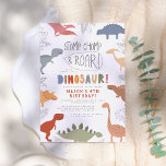 Stomp, Chomp and Roar! Dinosaurs Birthday Party  Invitation<br><div class="desc">Stomp, Chomp and Roar! Let's party like a dinosaur! A perfect way to invite friends to a fun-filled party! Your event details are framed by different dinosaurs in blue, yellow, orange, red, pink, green, grey, and brown. Between the animals are hand-drawn tropical leaves and jungle foliage in a hand-drawn doodle-style....</div>