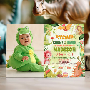 Stomp Chomp And Roar Greenery Dinosaur Birthday Invitation