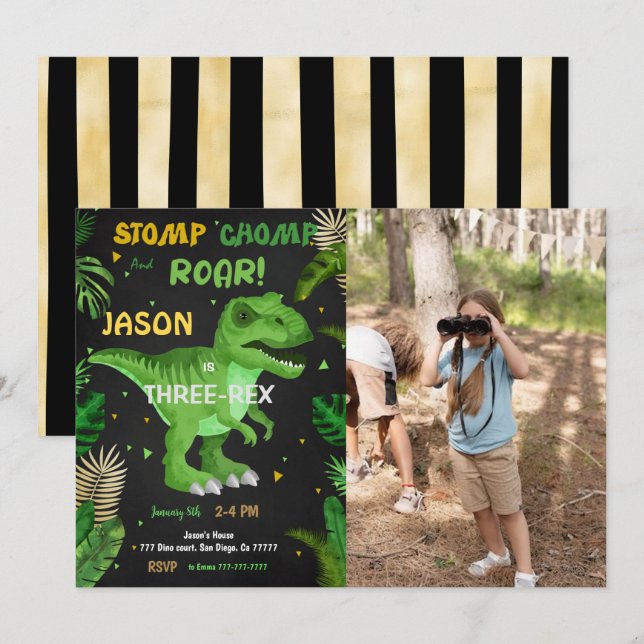 STOMP CHOMP And ROAR! Its Dinosaur Birthday Photo Invitation (Front/Back)