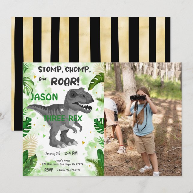STOMP CHOMP And ROAR! Its Dinosaur Photo Invitation (Front/Back)