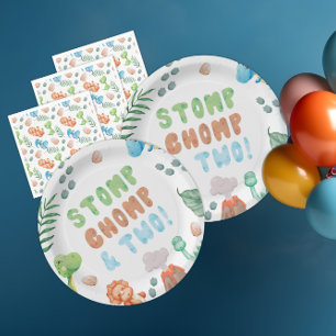 Stomp,Chomp, and Two Dinosaur Watercolor Birthday Paper Plate