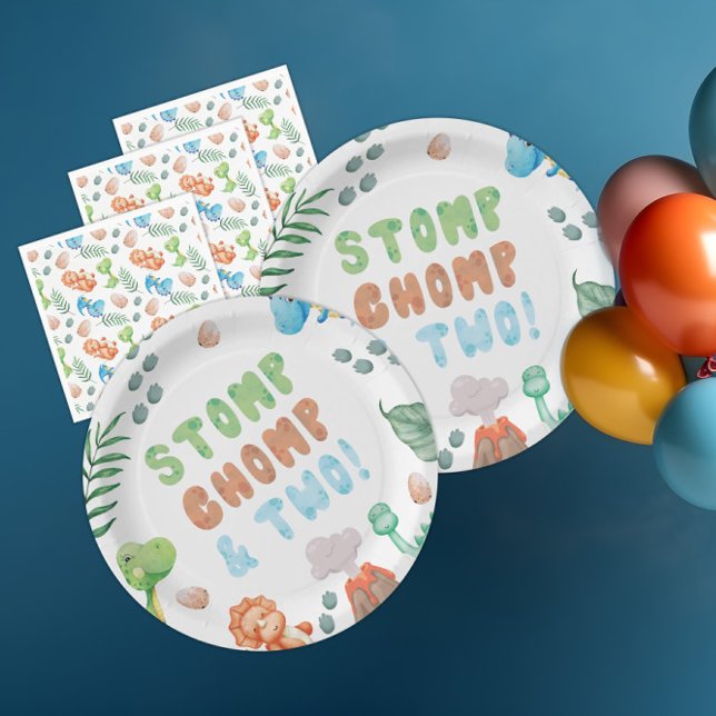 Stomp,Chomp, and Two Dinosaur Watercolor Birthday Paper Plate (Creator Uploaded)