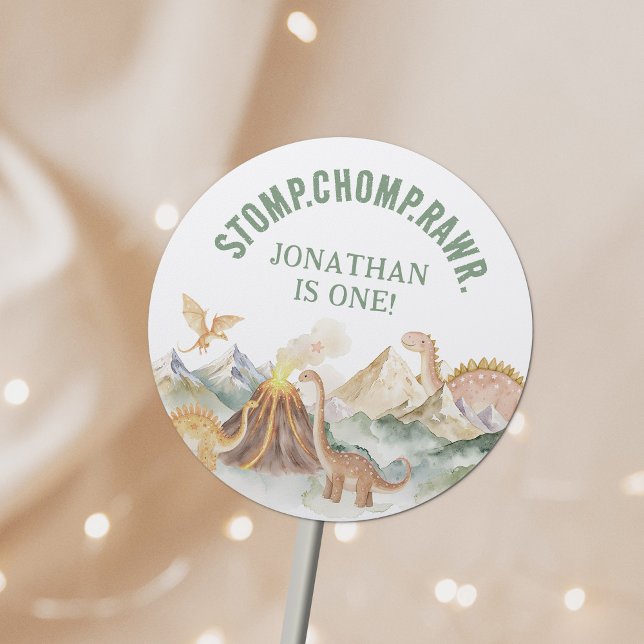 Stomp Chomp Rawr Boy Dinosaur 1st Birthday Party Classic Round Sticker (Creator Uploaded)
