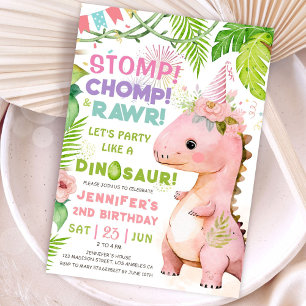 Stomp Chomp Rawr! Dinosaur 2nd Birthday Party Girl Invitation