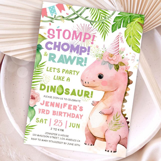 Stomp Chomp Rawr! Dinosaur 3rd Birthday Party Girl Invitation (#DinosaurBirthdayInvitation #DinosaurBirthdayInvite #GirlDinosaurBirthdayInvitation
)