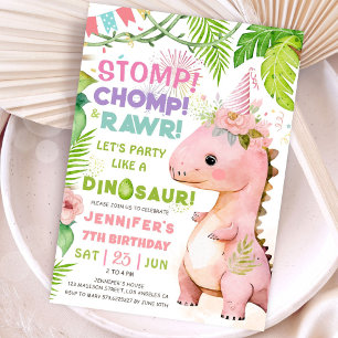 Stomp Chomp Rawr! Dinosaur 7th Birthday Party Girl Invitation