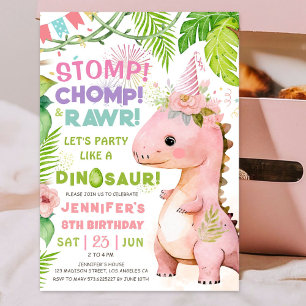 Stomp Chomp Rawr! Dinosaur 8th Birthday Girl Pink Invitation
