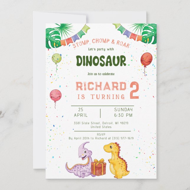 STOMP CHOMP ROAR Colourful Dino Birthday Party Invitation (Front)