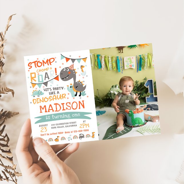 Stomp, Chomp & Roar Dinosaur Birthday Photo Invitation (Creator Uploaded)