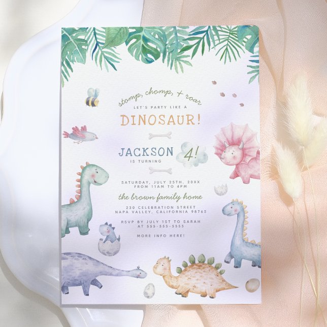 Stomp, Chomp & Roar Dinosaur Boys Birthday Party Invitation (Creator Uploaded)