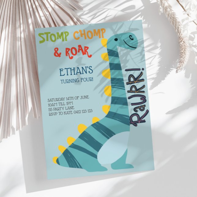 Stomp Chomp Roar Dinosaur Four Birthday Invitation (Creator Uploaded)