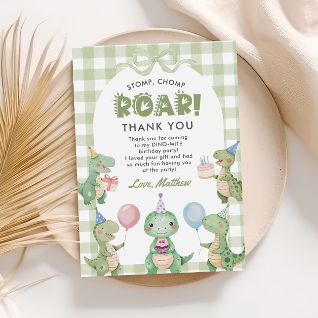 Stomp Chomp Roar Dinosaur Gingham 1st Birthday Thank You Card (Creator Uploaded)