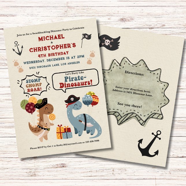Stomp Chomp Roar Dinosaur Pirate Twin Boy Birthday Invitation (Pirate Dinosaur Twin Boys Swashbuckling Birthday Party featuring T-Rex and Brontosaurus Pirates.)