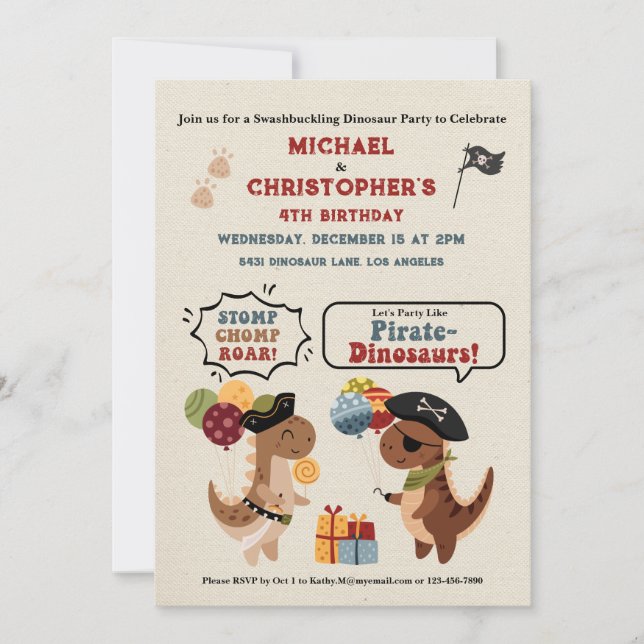 Stomp Chomp Roar Dinosaur Pirate Twin Boy Birthday Invitation (Front)