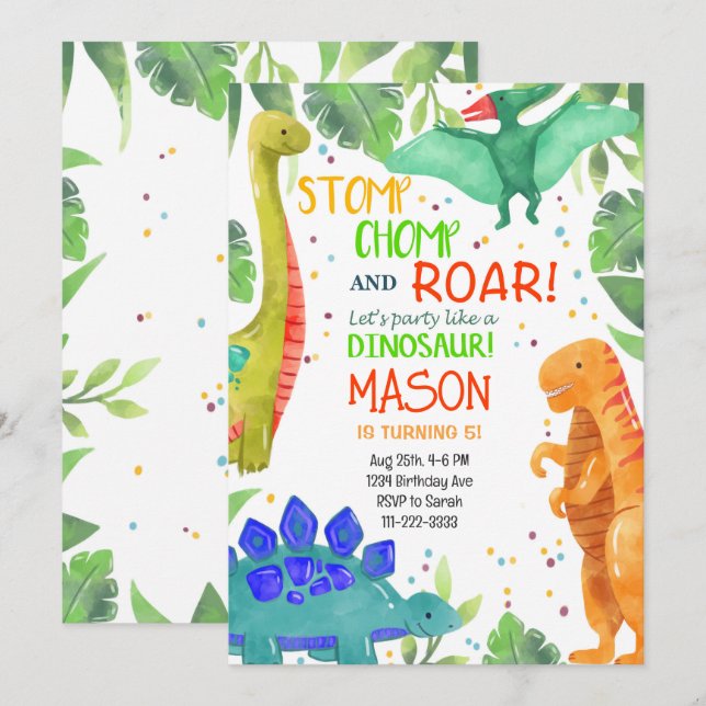 Stomp Chomp Roar Dinosaures Invitation Anniversair (Devant / Derrière)