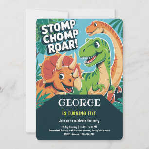 Stomp Chomp Roar   Fun Cute Dinosaurs 5th Birthday Invitation