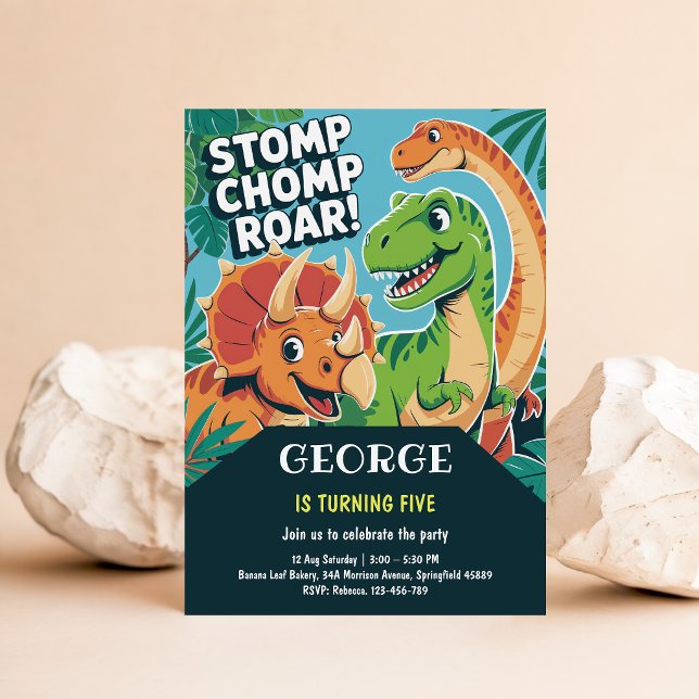 Stomp Chomp Roar Fun Dinosaur 5th Birthday Party Invitation (Creator Uploaded)