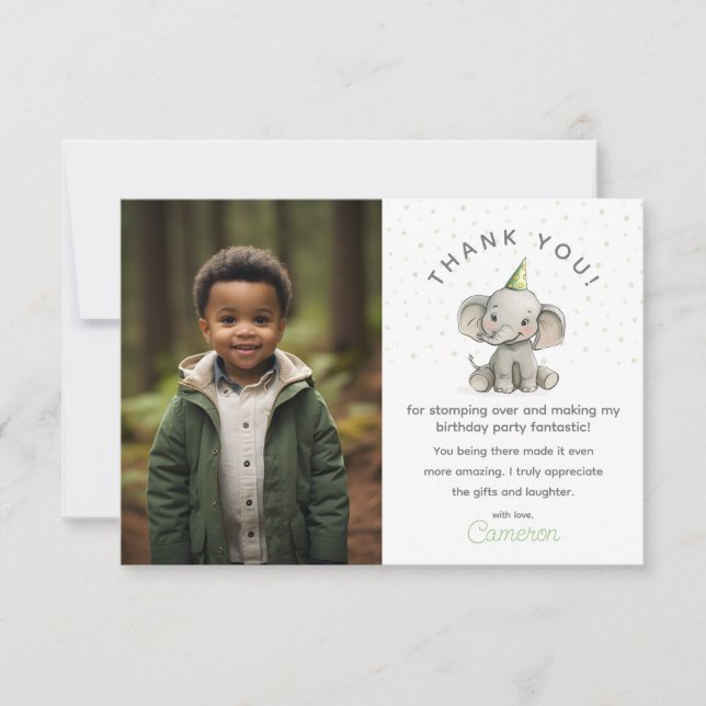 Stomp on Over, Cute Elephant, kid’s birthday photo Thank You Card (Front)