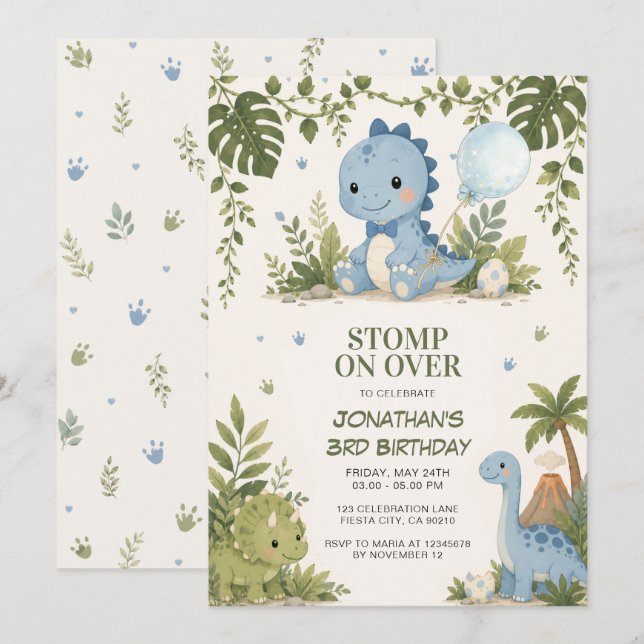 Stomp On Over Dinosaur Birthday Invitation (Front/Back)