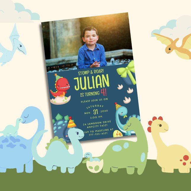STOMP & ROAR Turning 4 Dinosaur Birthday Invitation (Creator Uploaded)