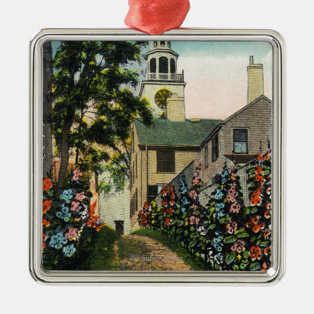 Stone Alley View of South Tower and Town Clock Metal Ornament (Front)