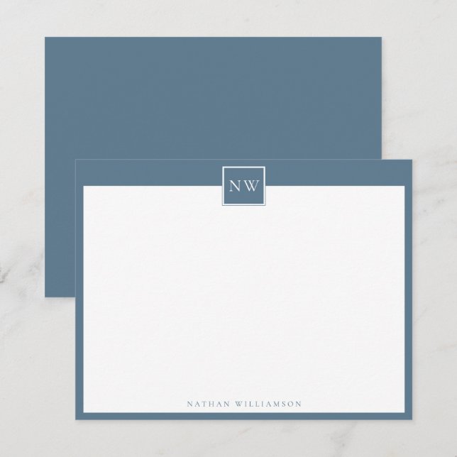 Stone Blue Monogram Single Broad Border Note Card (Front/Back)