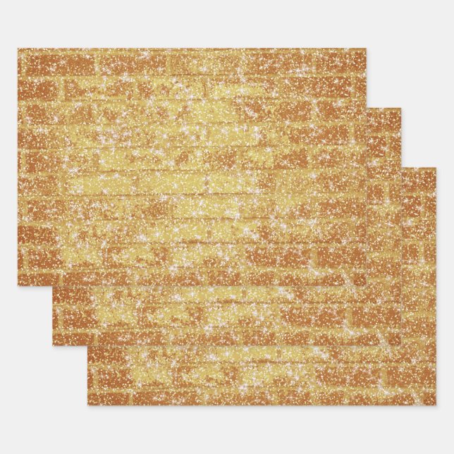 Stone Brick Texture Gold Glitter Decoupage Wrapping Paper Sheet (Set)