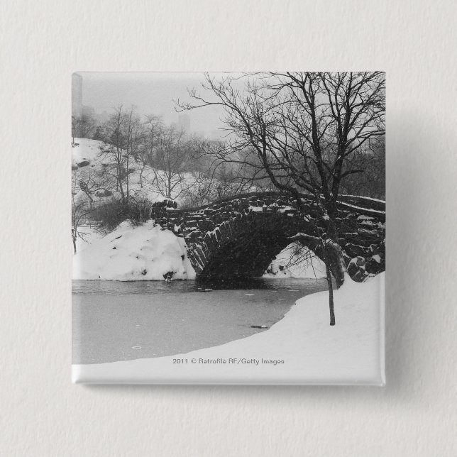 Stone bridge over snow covered river 2 inch square button (Front)