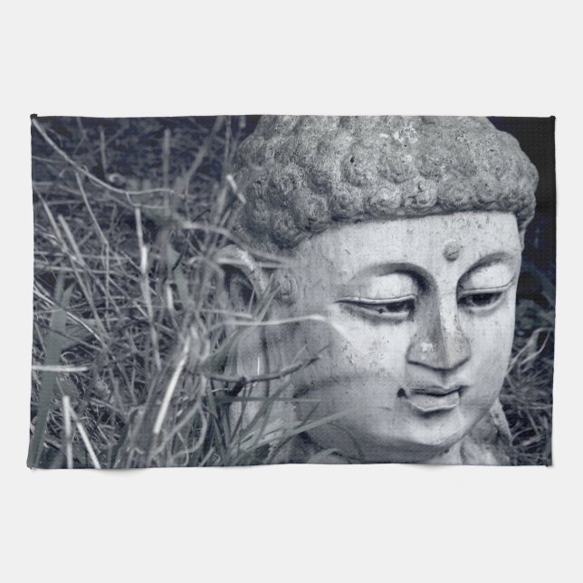 Stone Buddha head kitchen tea towel (Horizontal)