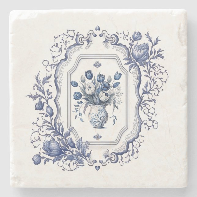 Stone Coaster Delft Blue Floral Tableware Decor  (Front)