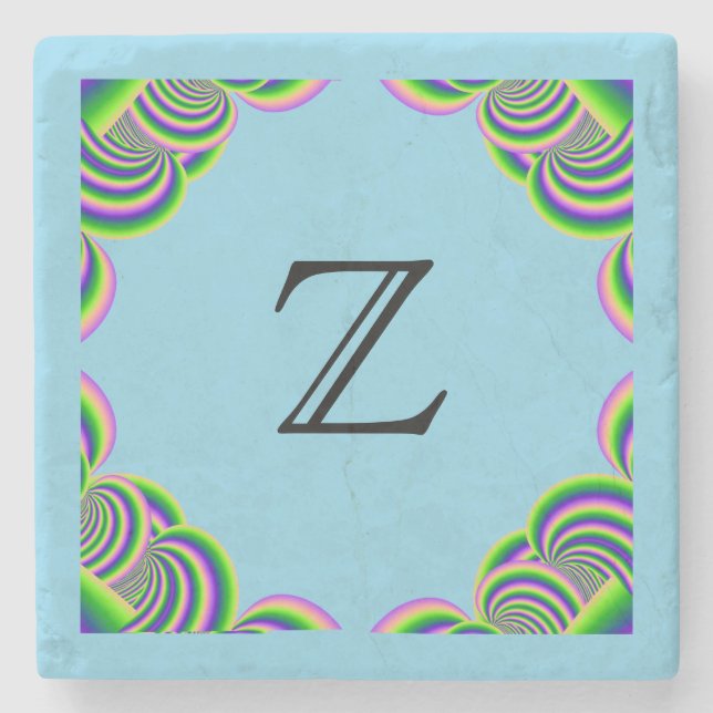 Stone Coaster Monogram  MultiColor Frame & LtBlue (Front)