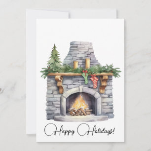 Stone Fireplace & Christmas Stockings Watercolor Holiday Card