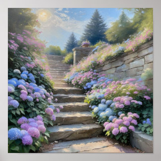 Stone Garden Stairway with Hydrangeas Romantic Poster