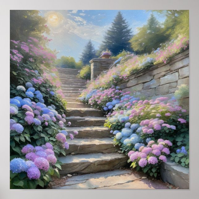 Stone Garden Stairway with Hydrangeas Romantic  Poster (Front)