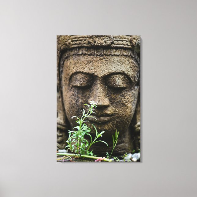 Stone garden statue with flower canvas print (Front)