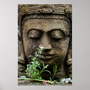 Stone garden statue with flower poster