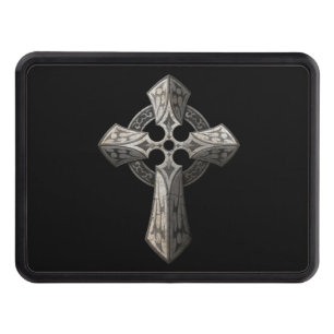 Stone Gothic Cross with Tribal Inlays on Black Trailer Hitch Cover
