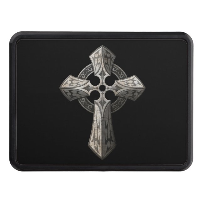 Stone Gothic Cross with Tribal Inlays on Black Trailer Hitch Cover (Front)