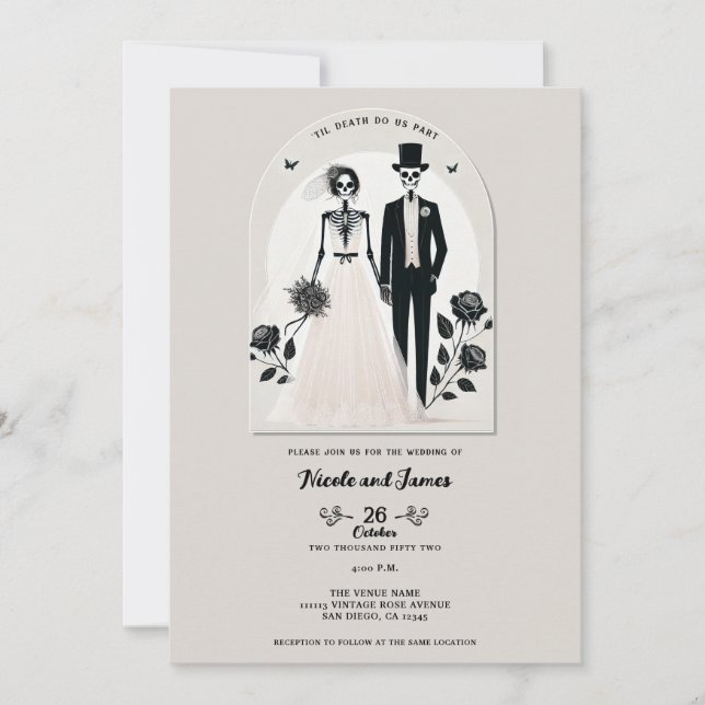 Stone Grey Black Skeleton Gothic Halloween Wedding Invitation (Front)