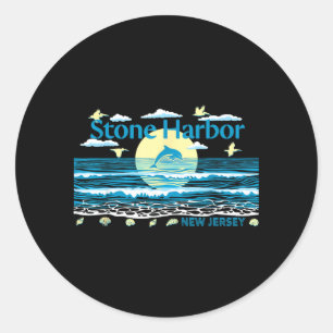 Stone Harbour NJ Dolphin Pelican Waves Beach Classic Round Sticker