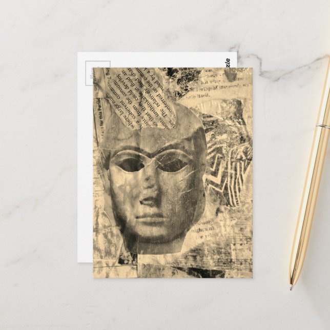 Stone lady face Abstract Mixed Media Collage Sepia Postcard (Front/Back In Situ)