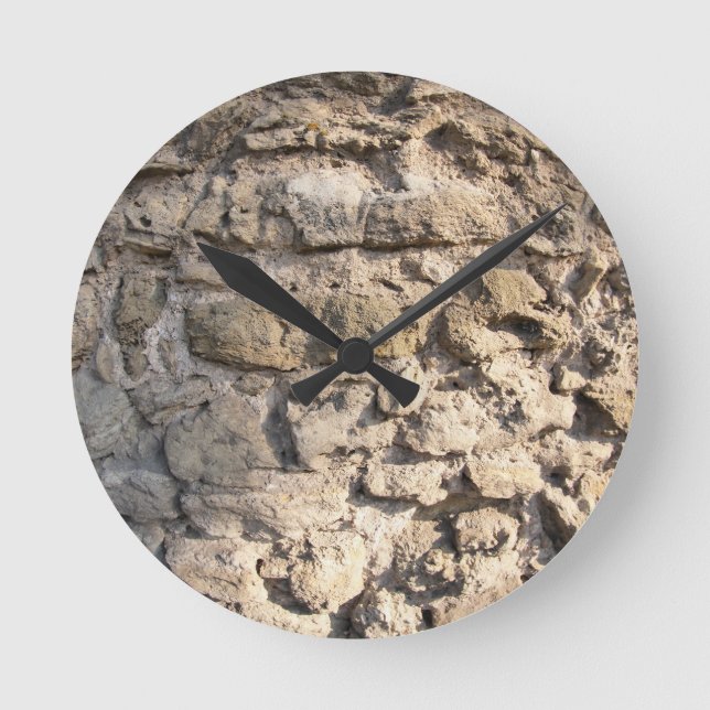 Stone wall of the large rough stones grey round clock (Front)