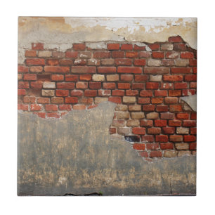 Stone wall of the old brick and plaster tile