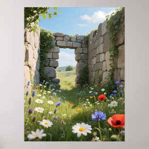 Stone Wall Ruin Meadow Flowers Art Poster