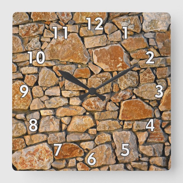 Stone Wall w/White Bordered Numbers Square Wall Clock (Front)