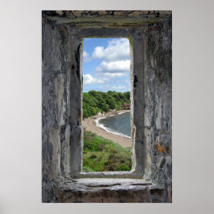 Stone Window framing a Beach and Trees Poster