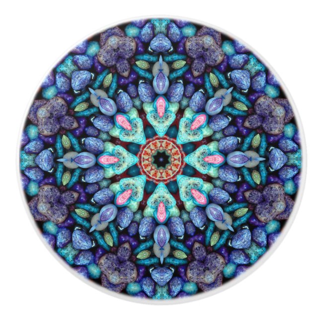 Stone Wonder  Vintage Blue Fractal Kaleidoscope Ceramic Knob (Front)